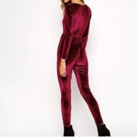 American Apparel Women's Small Jumpsuit Burgundy Velvet Deep V Plunging Neckline - Picture 7 of 9